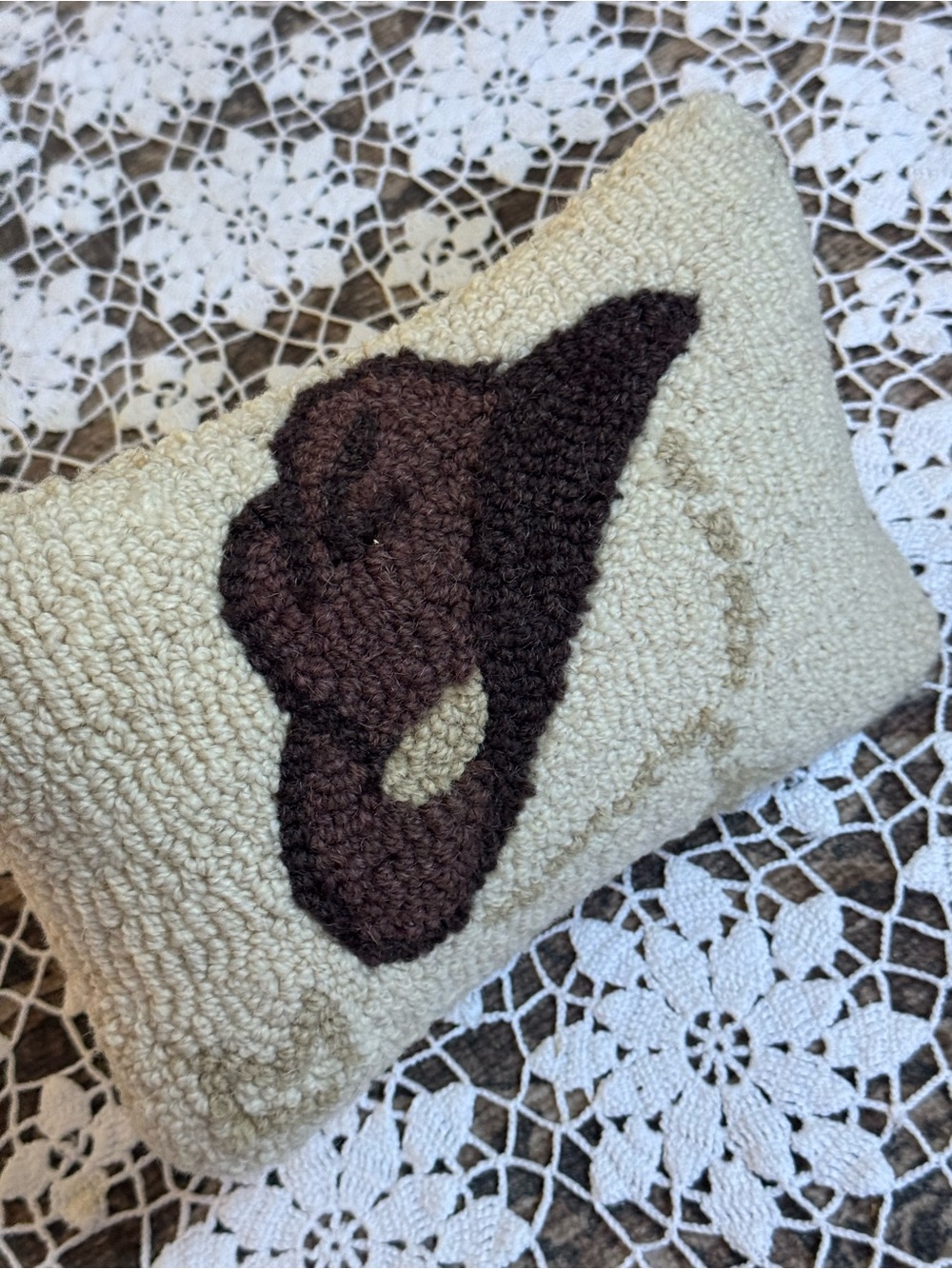 Handcrafted Cream and Brown Hooked Accent Pillow - Neutral Rustic Style